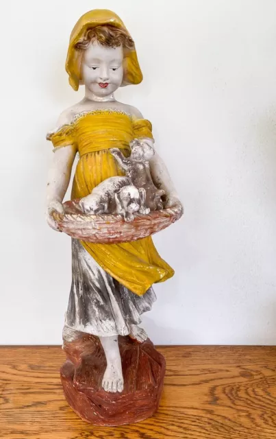 1930s Chalkware Figure Of Girl With Puppies, Signed +Reg no +457  Charming.