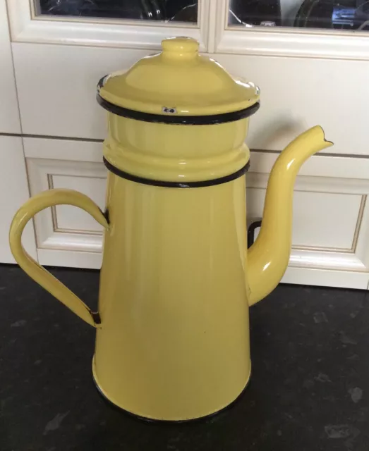 Vintage Retro French Traditional Tall Yellow Enamel Coffee Pot