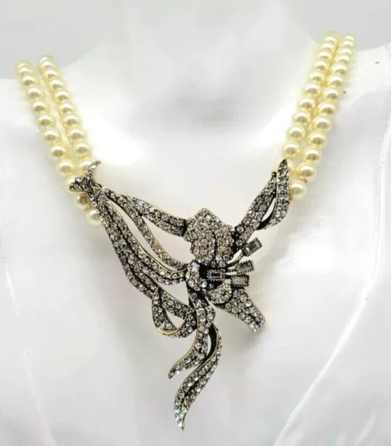 Heidi Daus Diamond Swarovski Crystal Lily Flower Necklace w Double Strand Pearls