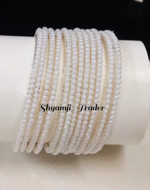 Indian Bollywood Gold Plated White Pearl Kada Bangles Bridal Fashion Jewelry Set