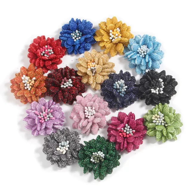 120Pcs 3.5CM 1.4" Glitter Fabric Flowers For Baby Girls Headbands Hair Boutique