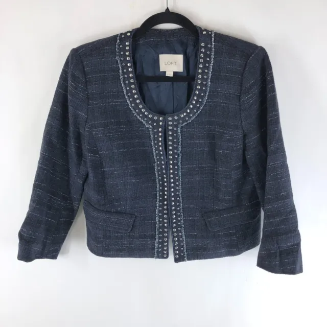 Ann Taylor LOFT Womens Jacket Tweed Lined Studded Hook & Eye Navy Blue 8