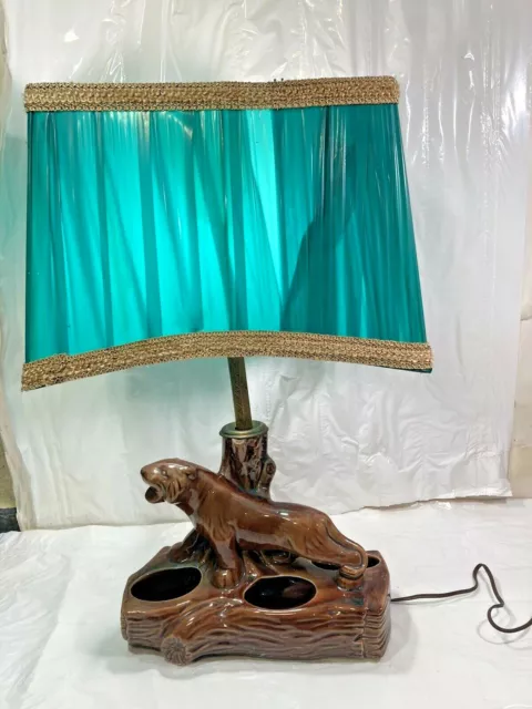 Vtg MCM Eames Era 1950's Brown Ceramic Panther Planter Lamp w Green Vinyl Shade