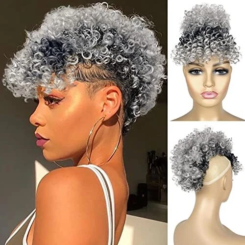 Allyreetress Afro Puff Drawstring Ponytail Mohawk Wig with Bangs for Black Wo...