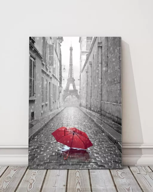 Red Umbrella Eiffel Tower Paris Framed CANVAS WALL ART Portrait Print