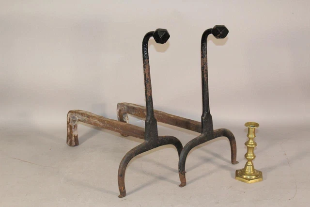 Great Pair Of 18Th C Hand Forged Wrought Iron Goose Neck Andirons Faceted Tops