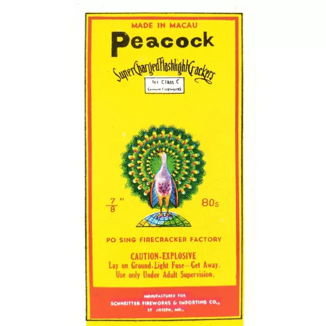 Peacock Brand 80s Firecracker Label 1970s Po Sing Schneitter Fireworks Art B368