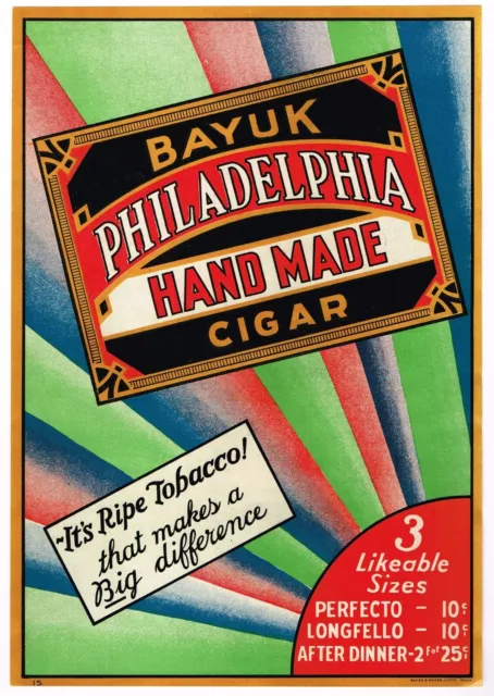 Original Cigar Advertising Art Deco Sign Poster Vintage 1930S Bayuk Philadelphia