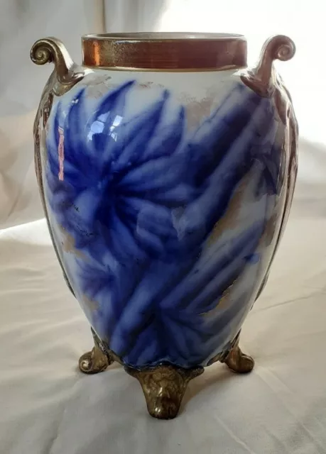 Antique William Alsager Adderley Ceramic Flow Blue Floral Vase 9"