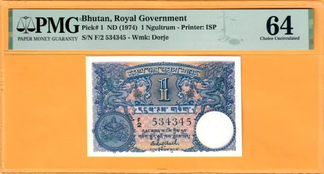 Bhutan-1 Ngultrum-1974-First Issue-Pick 1-Serial Number 534345 **Unc Pmg 64**