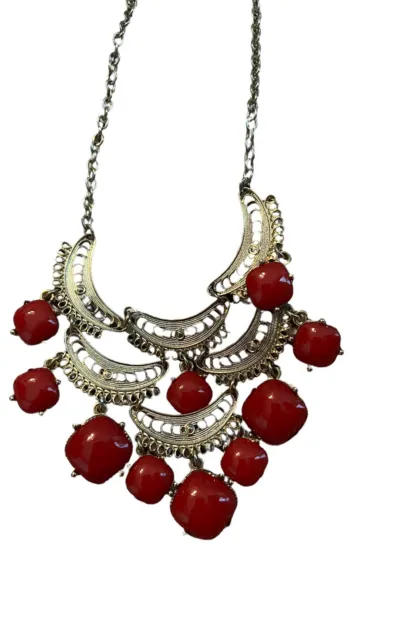 Statement Necklace Bib/￼ Hanging Coral Bubble Pendants On Silver Chain