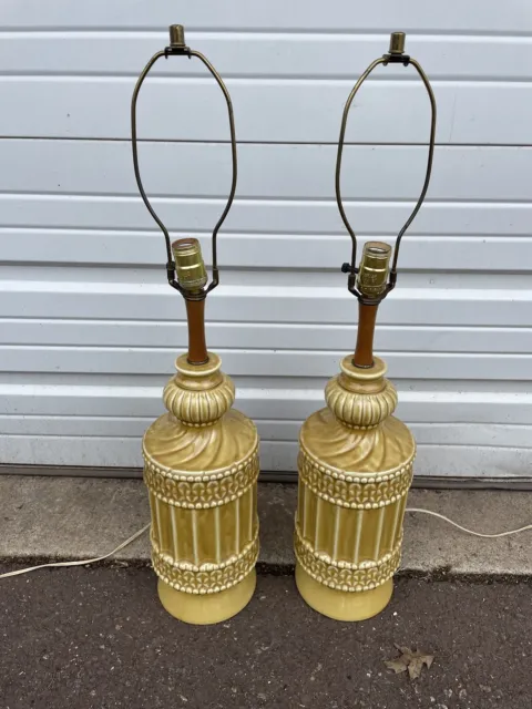 Vintage Mid Century Modern Table Lamps Pair Yellow with Wood Retro