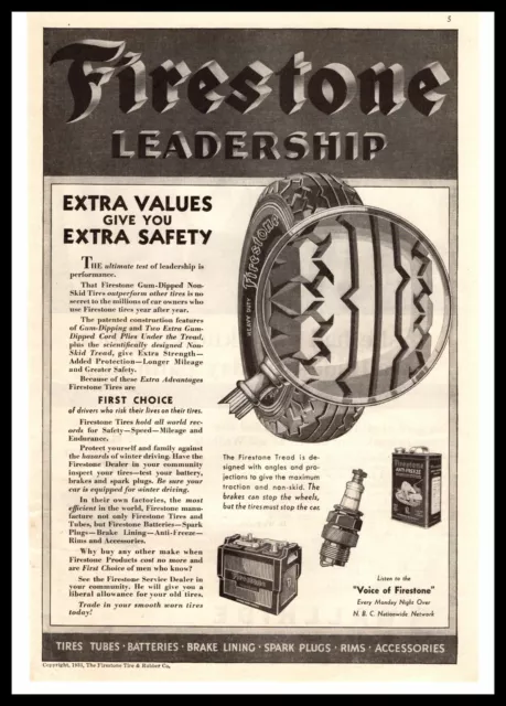 1933 Firestone Leadership Tires Car Batteries Anti-Freeze Spark Plugs Print Ad