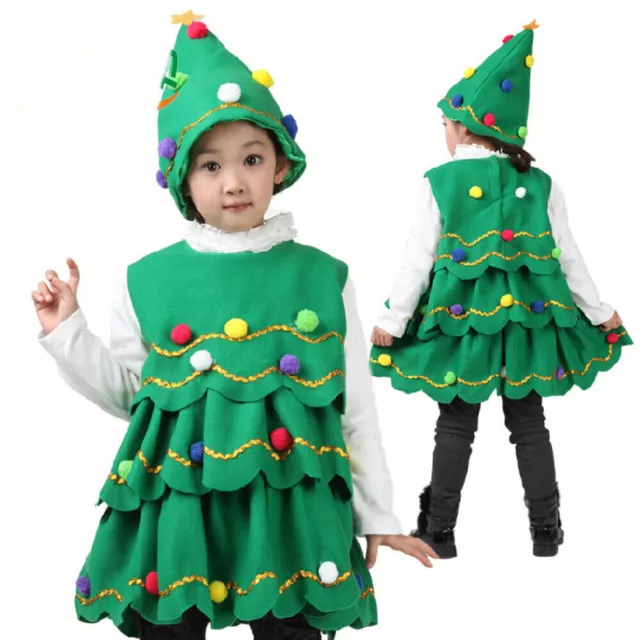 Christmas Tree Costume Kids Girls Boys Sleeveless Ruffle Fancy Dress Hat Outfits