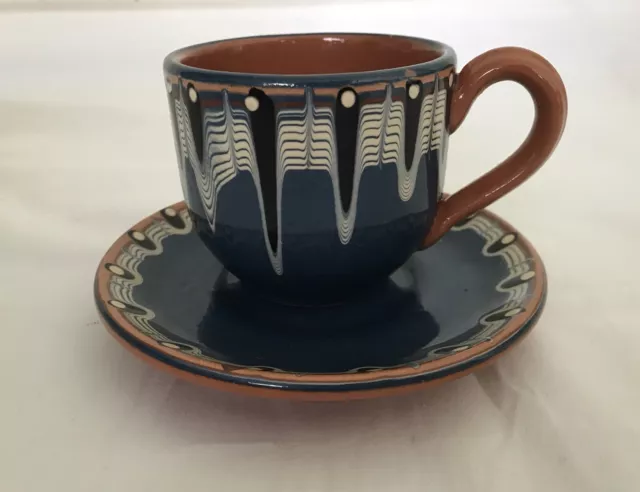 Vintage Troyan Bulgarian Clay Pottery Cup and Saucer, hand painted cobalt blue