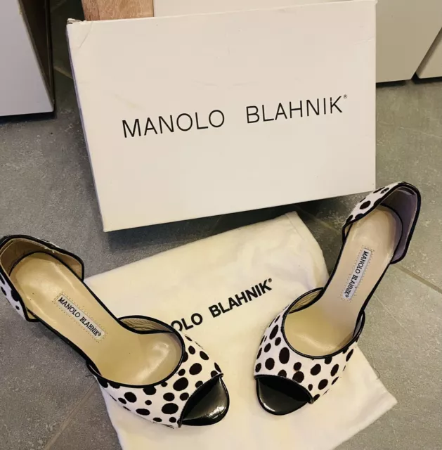 Manolo Blahnik nuovo lusso designer tacchi alti taglia 38 pelliccia di pony bianco/nero