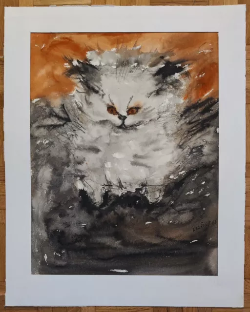 Ecole française (XX°) portrait chat persan aquarelle et encre signée datée 1963