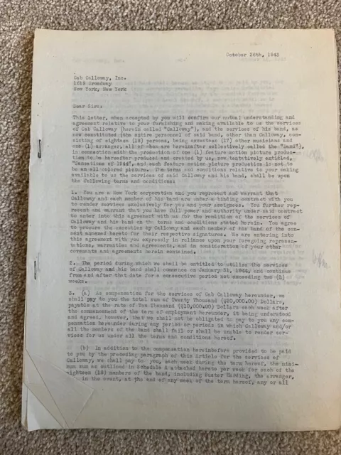 Cab Calloway Band signed contract