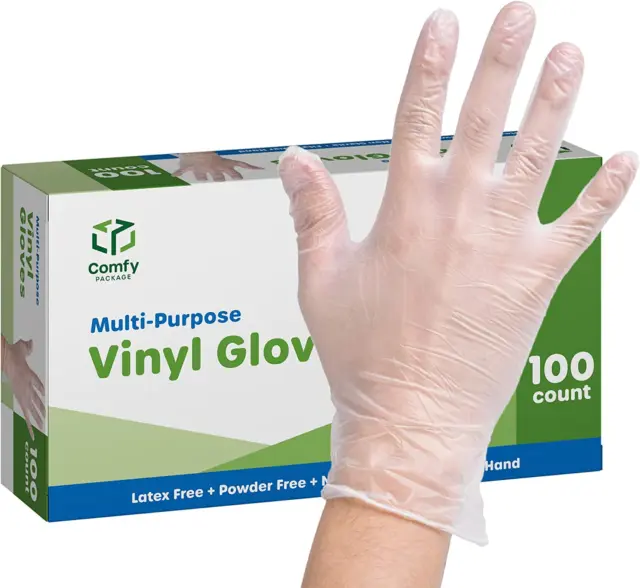 [100 Pack] Clear Powder Free Vinyl Disposable Plastic Gloves S M L XL
