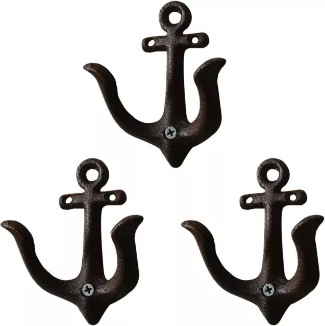 3pcs Maritime Decor Antique Cast Iron Wall Hooks Coat Hooks Anchor Double Hooks