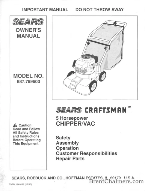 Operator Maintenance Manual Craftsman Yard Vacuum 5HP Model No. 987.799600
