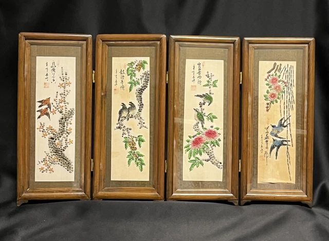 Vintage Taiwan "Sea Shell Mosaic Painting" 4 Panel Shell Art Birds & Flowers