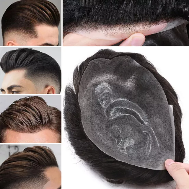 Durable Mens Real Human Hair Replacement System Ultra Thin Skin Toupee Hairpiece