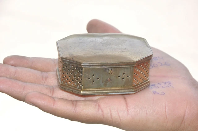 Old Brass Jali Cut Octagonal Shape 2 Compartment Mirror Fitted Betel Nut Box