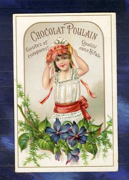 chromo Poulain gaufr� relief fillette girl Violettes Violets embossed trade card