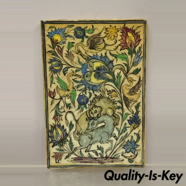 Antique Persian Iznik Qajar Style Ceramic Pottery Tile Animals Predation Hunt C1