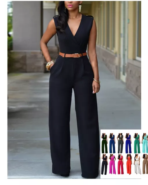 Damen Jumpsuit VAusschnitt Overall  Einfarbiger Mit Weitem Bein HosenanzugSommer