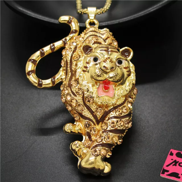 New Betsey Johnson Rhinestone Bling Yellow Tiger Crystal Pendant Chain Necklace