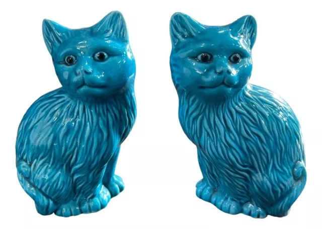 Pair of Chinese Cat Turquoise Glazed Blue Porcelain Vintage 1950s