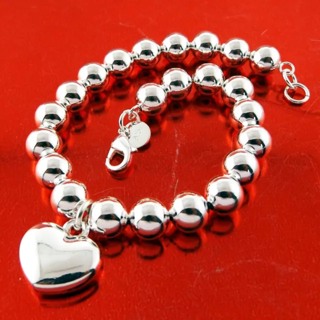 Bracelet Real 925 Sterling Silver Filled Ladies Heart Charm Bead Ball Bangle