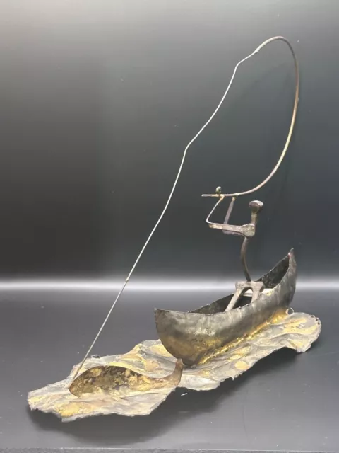 1973 Artist Signed Copper Metal Fisherman Sculpture Brutalist Mid Century Modern