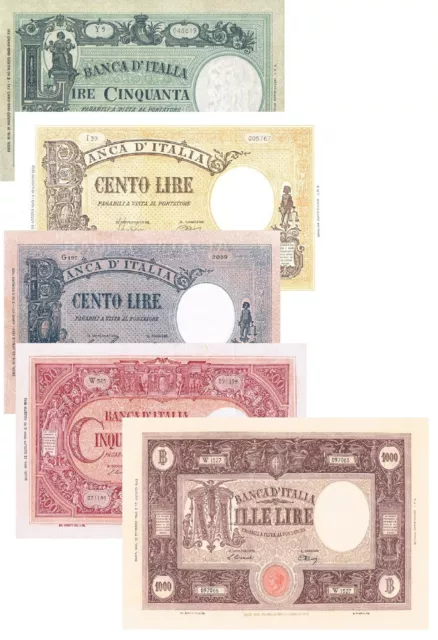 Italia 5 Banconote: 50,100,100,500,1000 Lire BARBETTI (Riproduzione/copy)