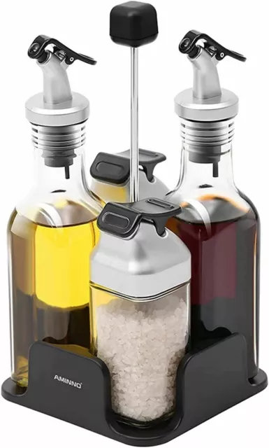 5pcs Glass Oil Vinegar Salt Pepper Dispenser Bottle Serving Cruet Set With Stand
