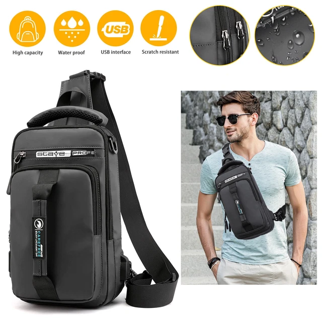 Men's Sling Backpack Waterproof Anti-theft Shoulder Crossbody Bag USB Port Pack
