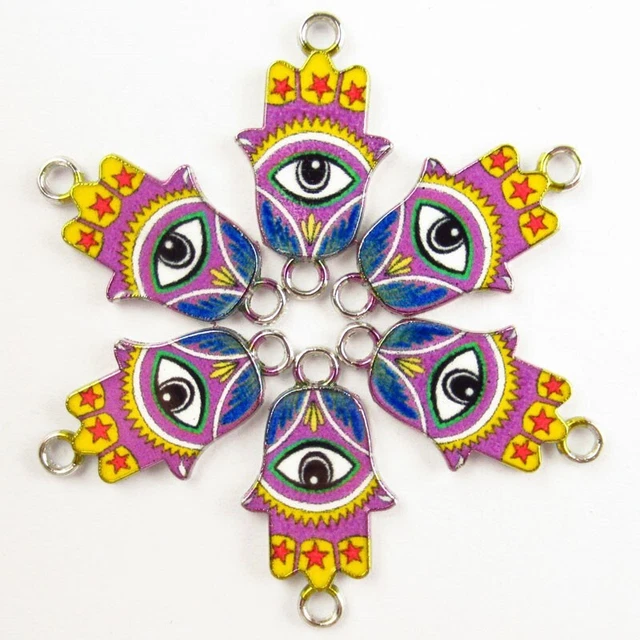 6Pcs Rainbow Enamel Tibetan Silver Evil Eye Hand Pendant Bead PJ2920