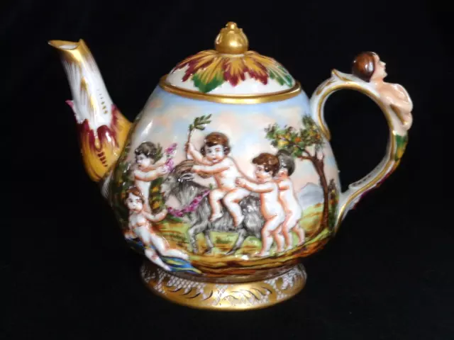 Lovely Capodimonte Porcelain Teapot Cherubs & Goat with Mermaid Handle