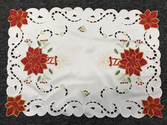 Christmas Holiday Red Poinsettia Embroidered Embroidery Cutwork Placemat Runner