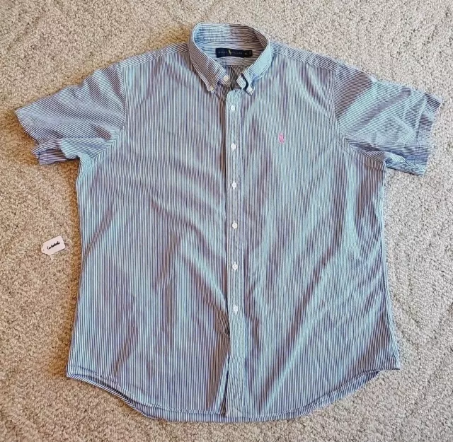 RALPH LAUREN MENS Shirt Button Up S/S X-Large Blue White Striped Cotton ...