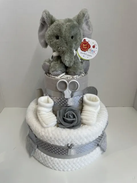 2 Tier Unisex Elephant Nappy Cake - Grey/white Baby Gift Hamper