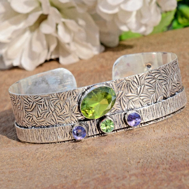 Manchette (cuff) En Argent 925 - Grenats Facettés Et Onyx Vert, Bijou Fait Main Vintage