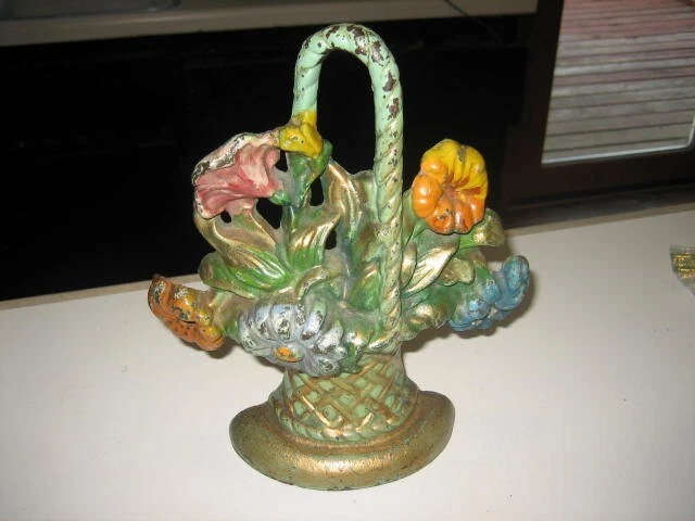 Antique Vintage Cast Iron Flower Basket Doorstop Antique Vintage Cast Iron Flower Basket Doorstop