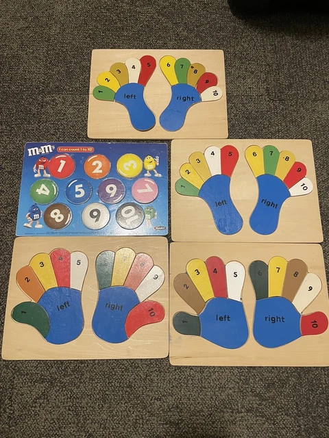 Lot Of 5Vintage Wooden Children's Peg Puzzles Wood PreSchool numbers M&M hands
