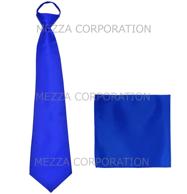 New formal men's pre-tied ready knot necktie & hankie set polyester royal blue