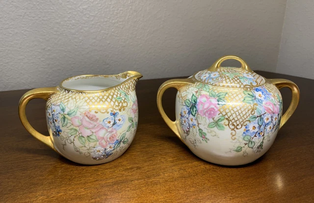 Bavaria Sugar Bowl With Lid And Creamer PP AA Gold Gilded Floral Set Vintage