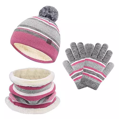 MORIASTER Kinder Wintermütze Schal Handschuhe Set, Baby Kleinkind Strick Beanie