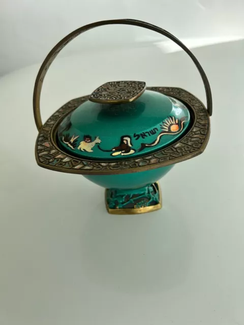 MID CENTURY MODERN JUDAICA ISRAEL Enamel Brass Mosaic GREEN JEWISH made Bowl 2